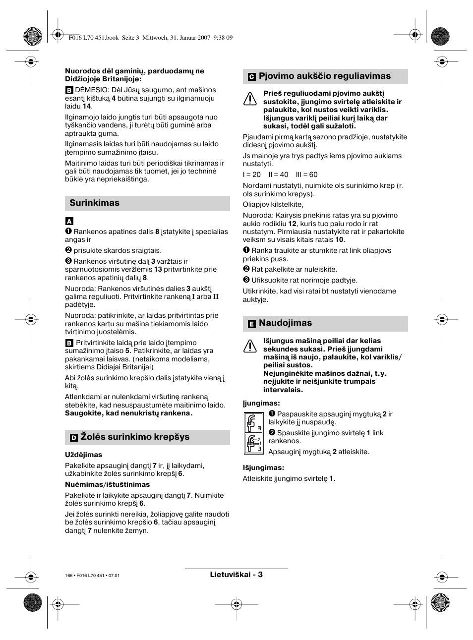 Surinkimas žolės surinkimo krepšys, Pjovimo aukščio reguliavimas naudojimas | Bosch Rotak 320 User Manual | Page 166 / 170