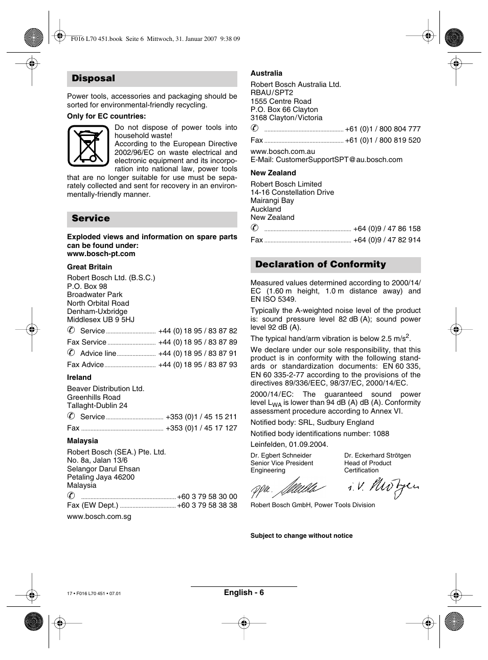 Disposal service declaration of conformity | Bosch Rotak 320 User Manual | Page 17 / 170