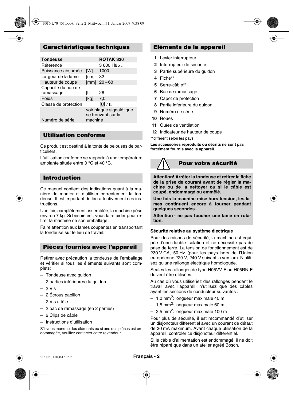 Caractéristiques techniques | Bosch Rotak 320 User Manual | Page 19 / 170