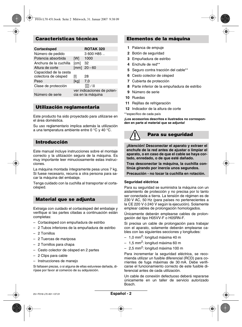 Características técnicas | Bosch Rotak 320 User Manual | Page 25 / 170