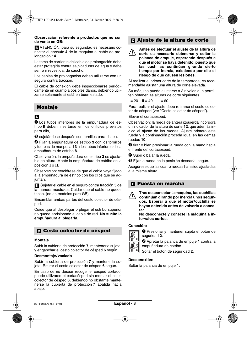 Montaje cesto colector de césped, Ajuste de la altura de corte puesta en marcha | Bosch Rotak 320 User Manual | Page 26 / 170