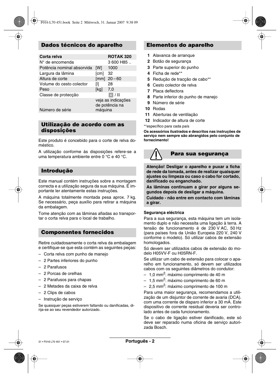 Dados técnicos do aparelho | Bosch Rotak 320 User Manual | Page 31 / 170