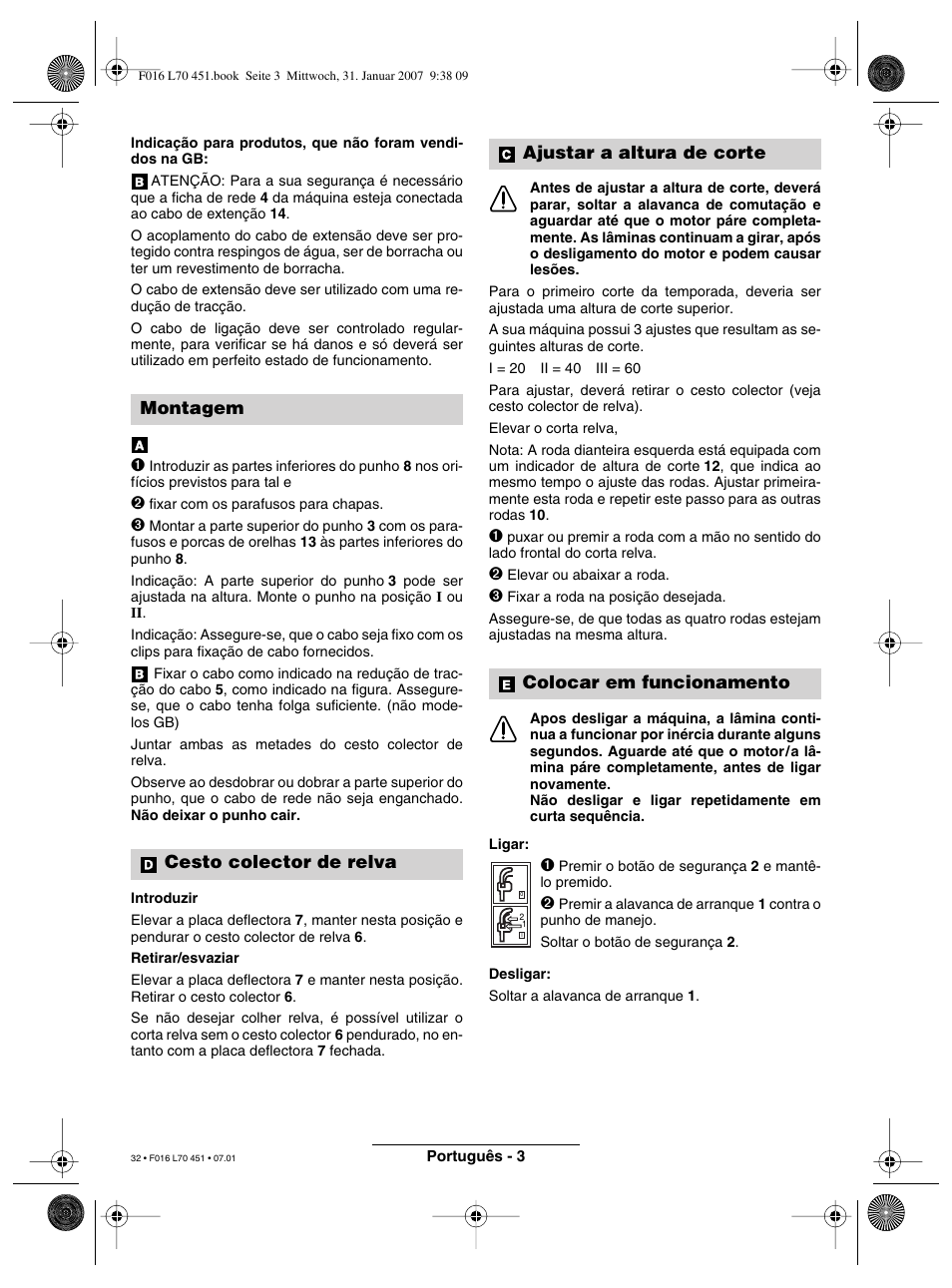 Montagem cesto colector de relva, Ajustar a altura de corte colocar em funcionamento | Bosch Rotak 320 User Manual | Page 32 / 170