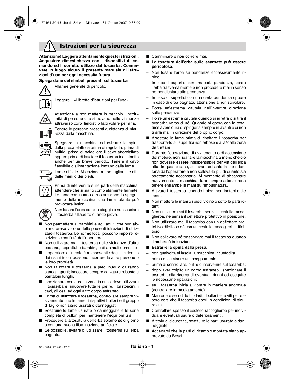 Istruzioni per la sicurezza | Bosch Rotak 320 User Manual | Page 36 / 170