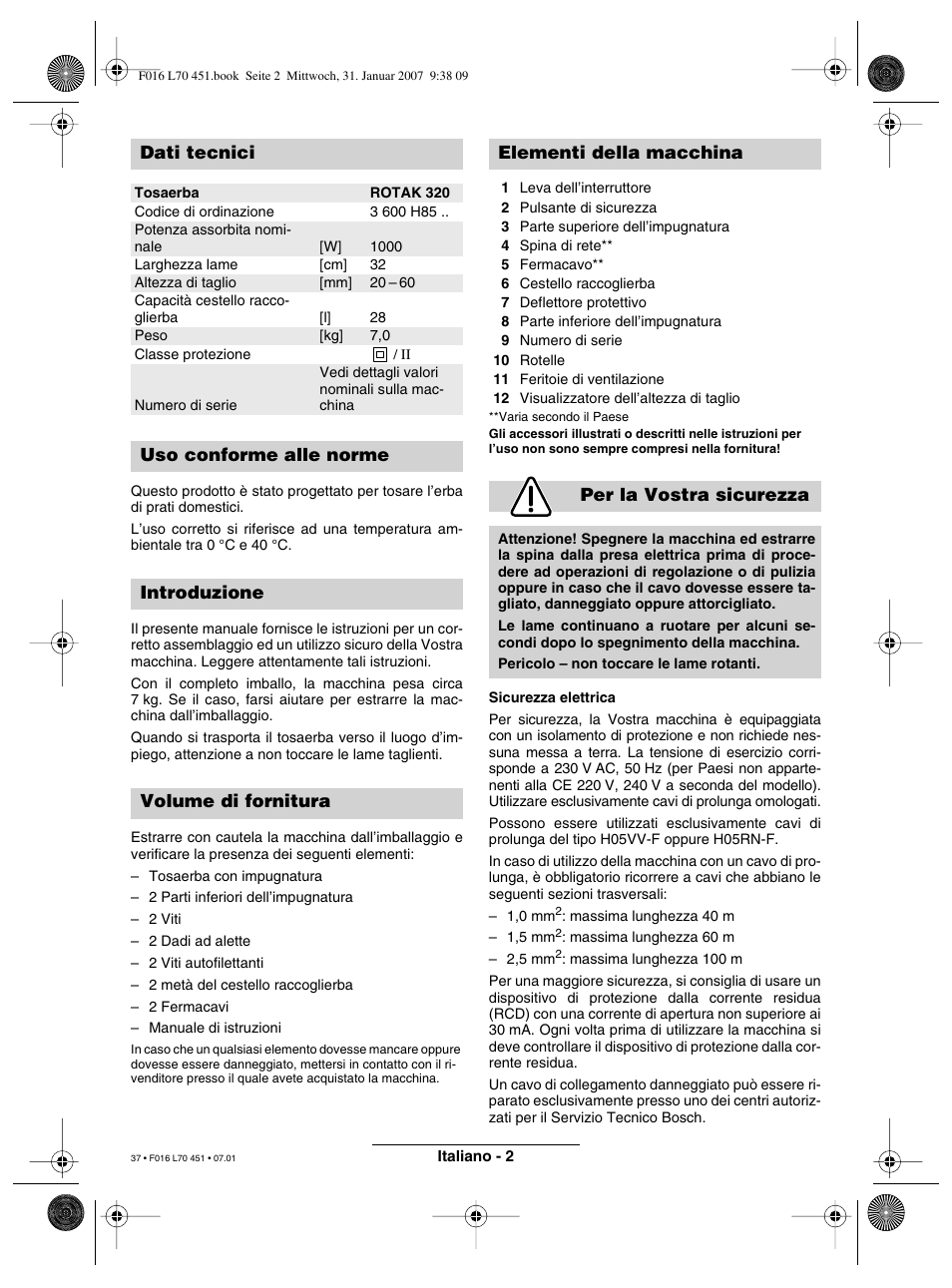 Dati tecnici | Bosch Rotak 320 User Manual | Page 37 / 170