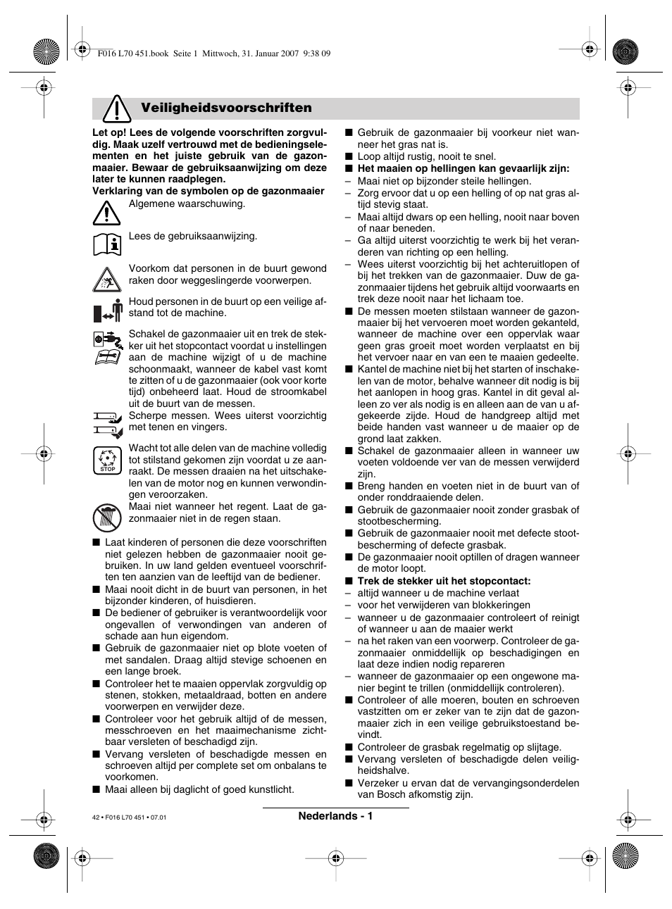 Veiligheidsvoorschriften | Bosch Rotak 320 User Manual | Page 42 / 170