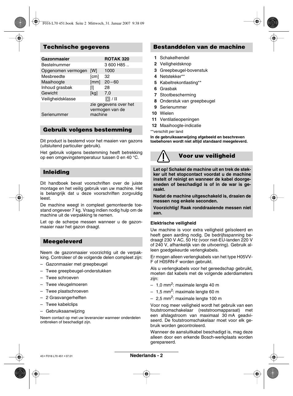 Technische gegevens | Bosch Rotak 320 User Manual | Page 43 / 170