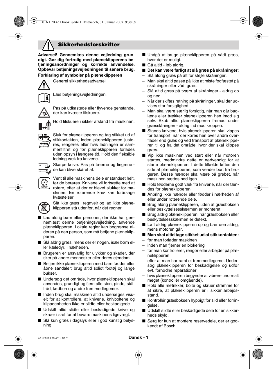 Sikkerhedsforskrifter | Bosch Rotak 320 User Manual | Page 48 / 170