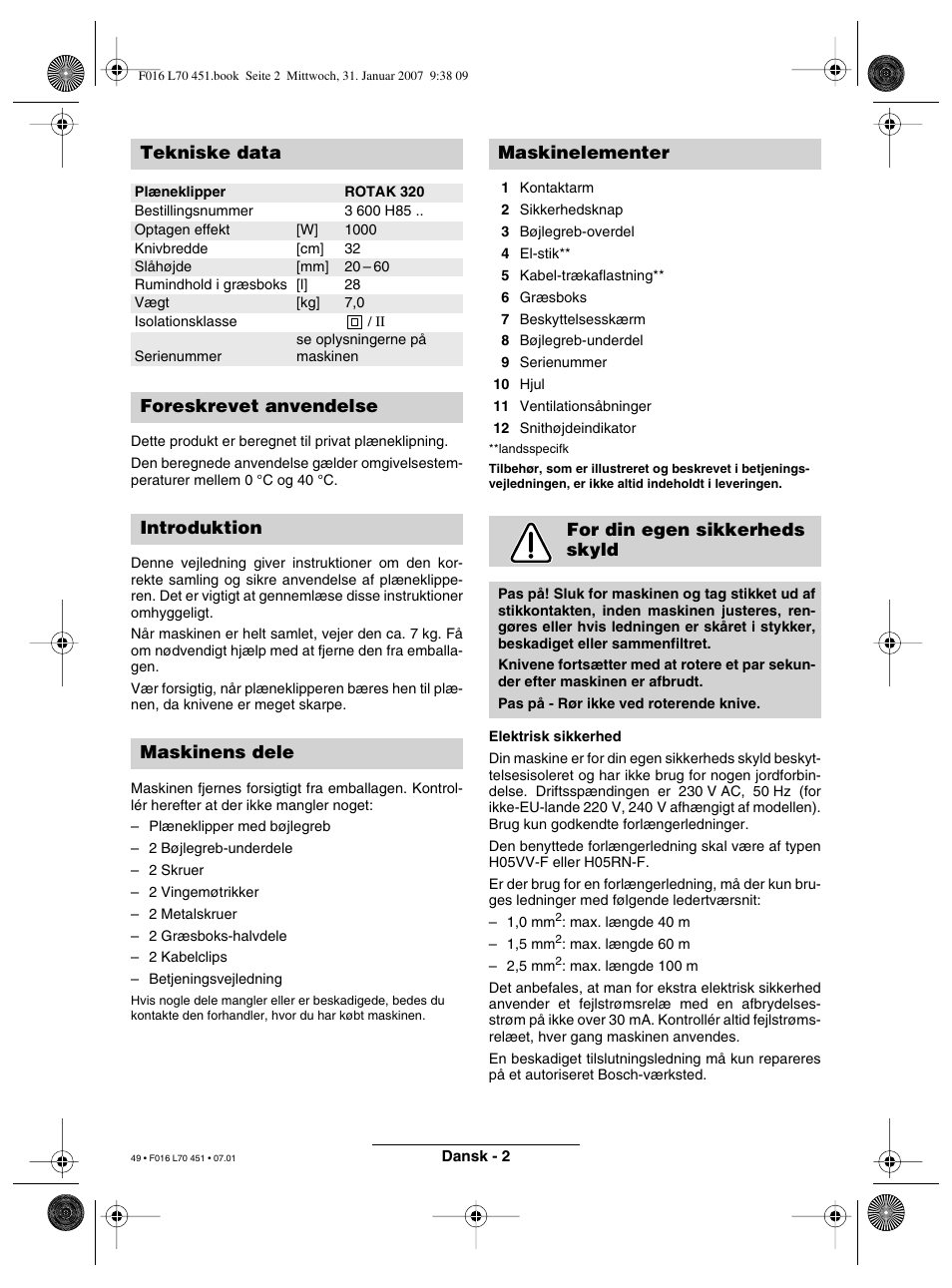 Tekniske data | Bosch Rotak 320 User Manual | Page 49 / 170