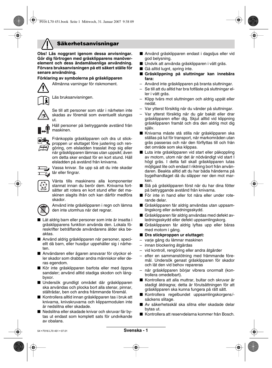 Säkerhetsanvisningar | Bosch Rotak 320 User Manual | Page 54 / 170