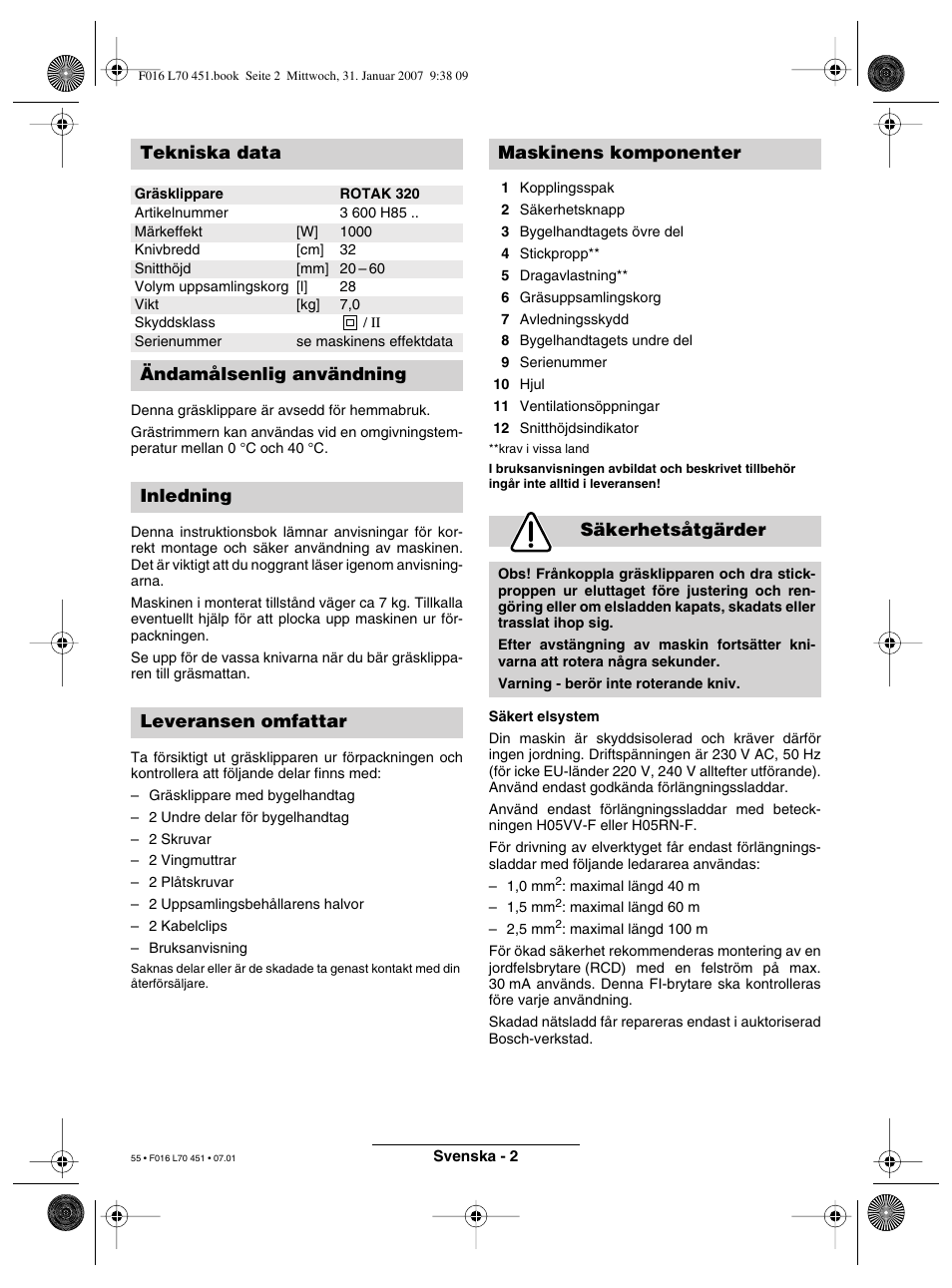 Tekniska data | Bosch Rotak 320 User Manual | Page 55 / 170