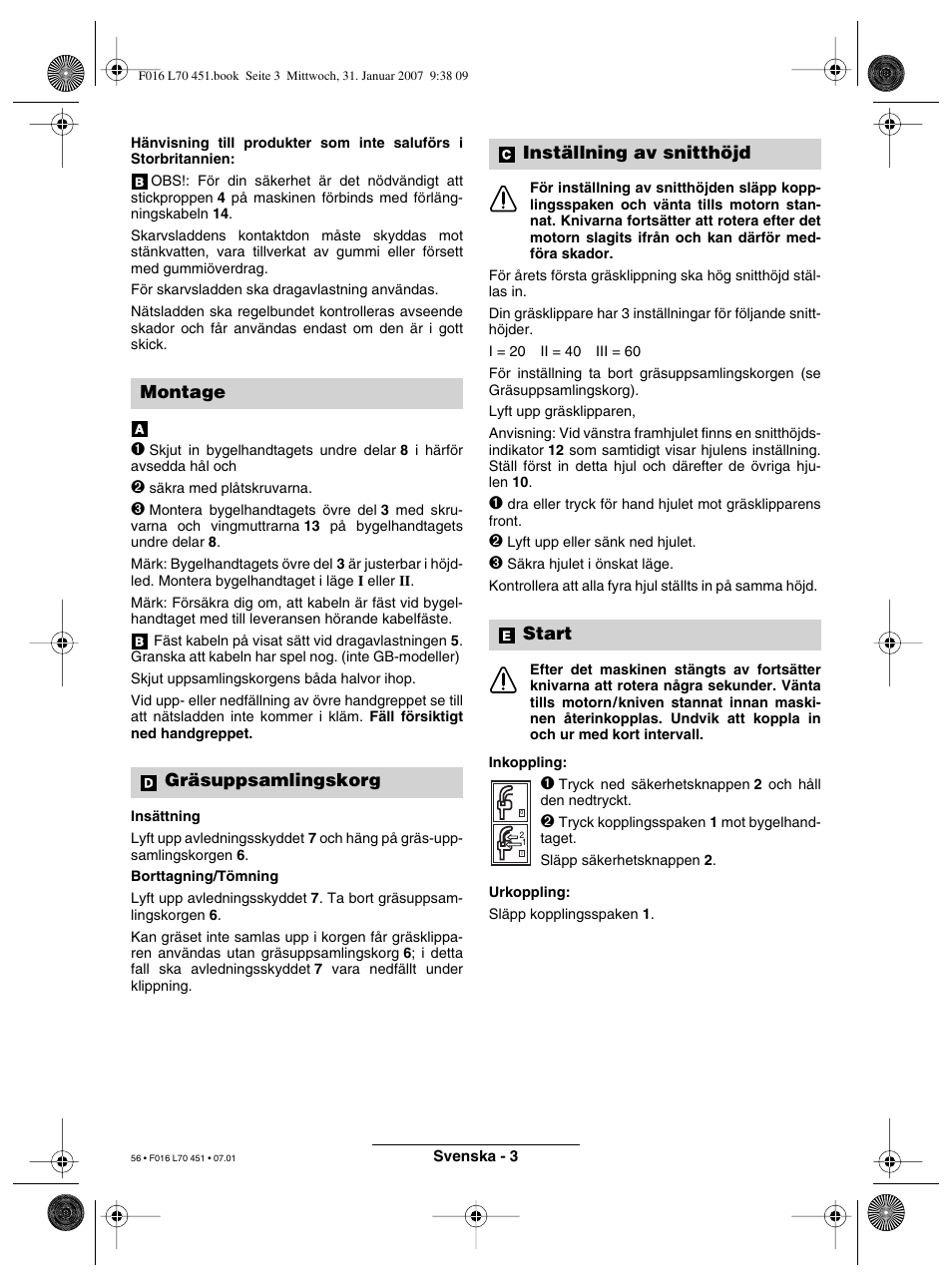 Montage gräsuppsamlingskorg, Inställning av snitthöjd start | Bosch Rotak 320 User Manual | Page 56 / 170