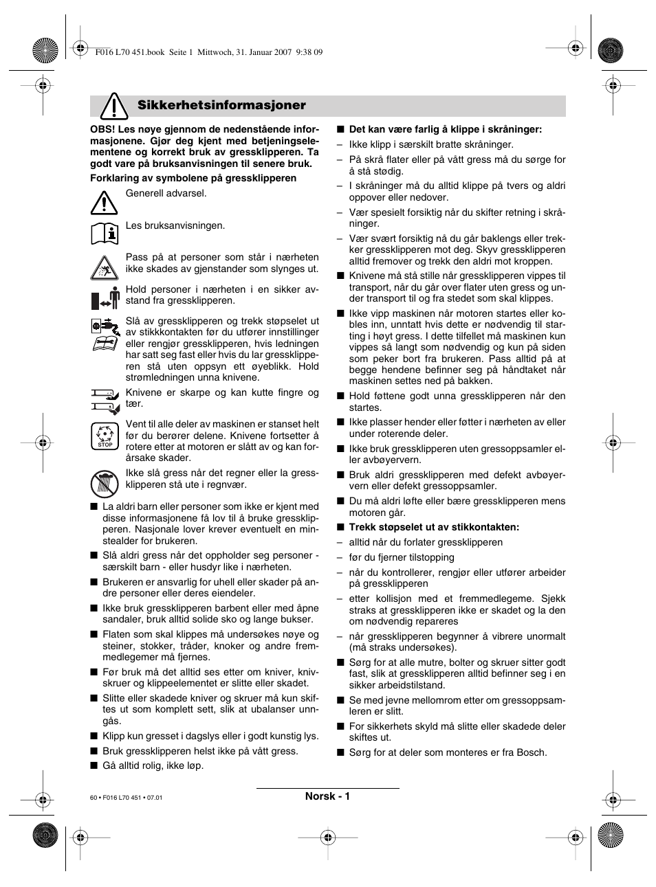 Sikkerhetsinformasjoner | Bosch Rotak 320 User Manual | Page 60 / 170