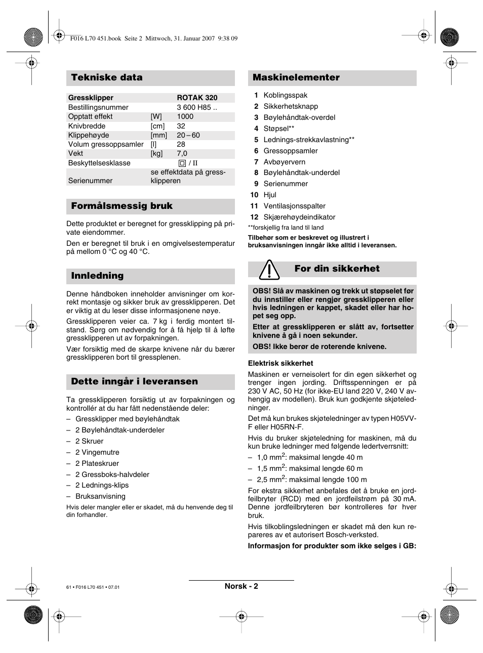 Tekniske data | Bosch Rotak 320 User Manual | Page 61 / 170