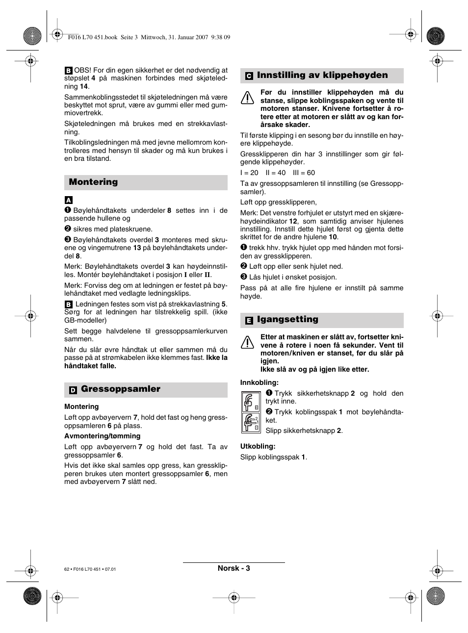 Montering gressoppsamler, Innstilling av klippehøyden igangsetting | Bosch Rotak 320 User Manual | Page 62 / 170