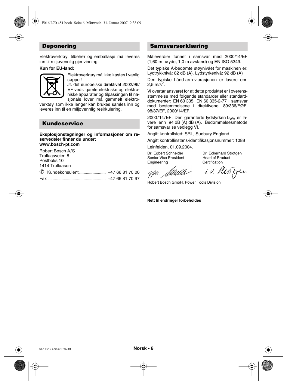 Deponering kundeservice samsvarserklæring | Bosch Rotak 320 User Manual | Page 65 / 170