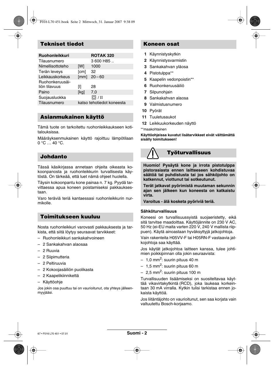 Tekniset tiedot | Bosch Rotak 320 User Manual | Page 67 / 170