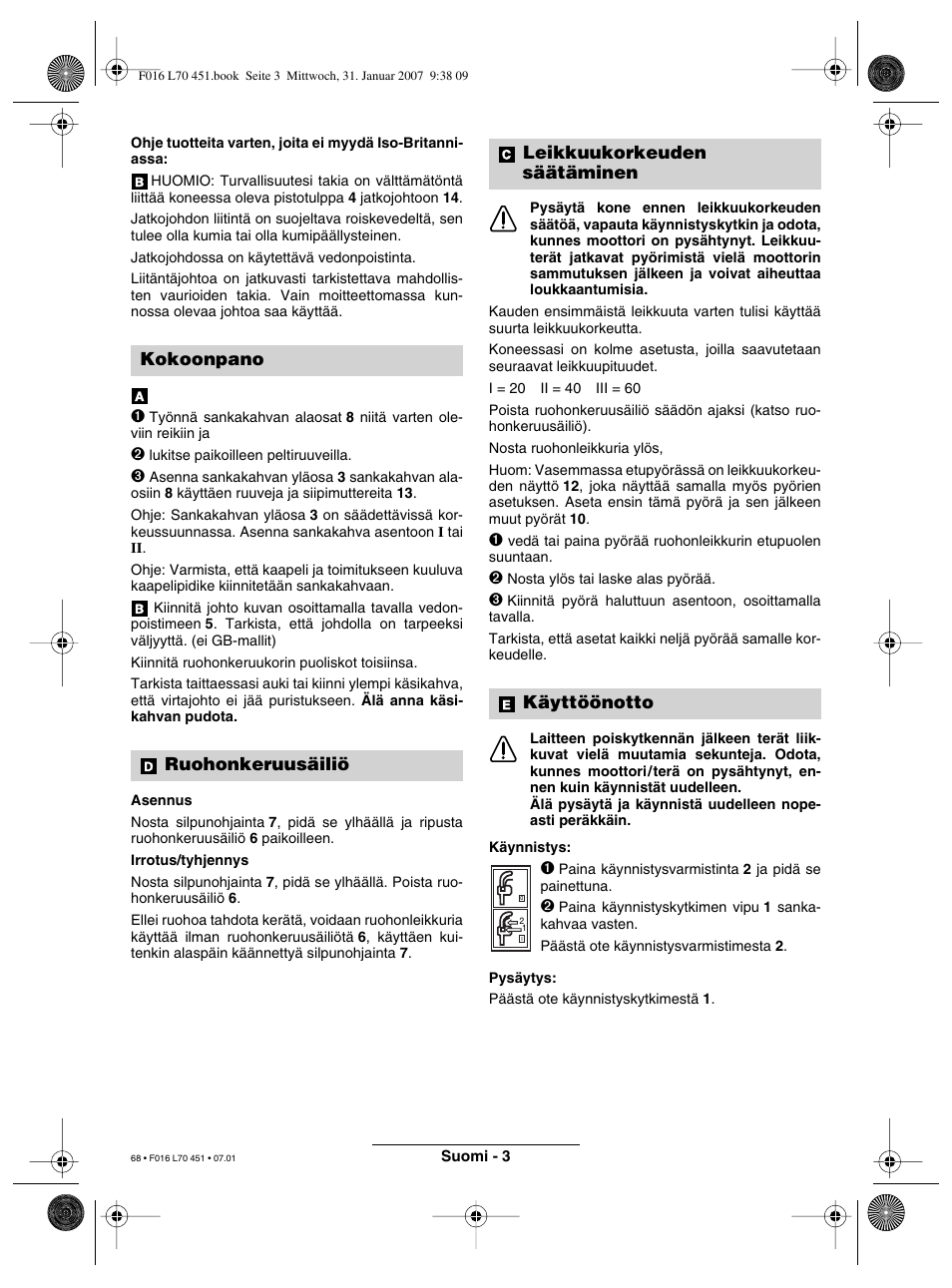 Kokoonpano ruohonkeruusäiliö, Leikkuukorkeuden säätäminen käyttöönotto | Bosch Rotak 320 User Manual | Page 68 / 170