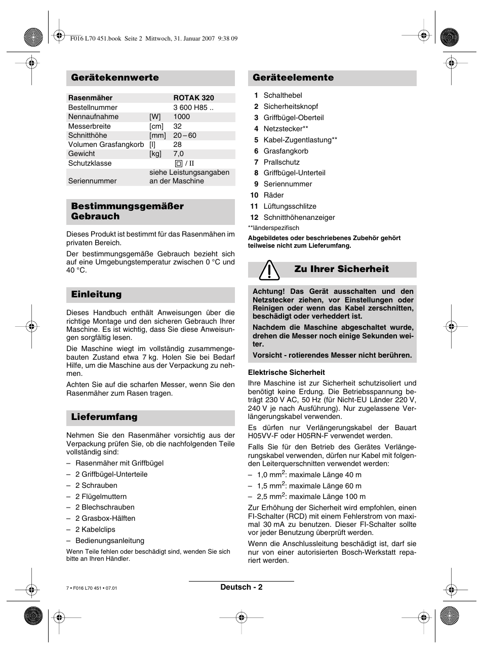 Gerätekennwerte | Bosch Rotak 320 User Manual | Page 7 / 170