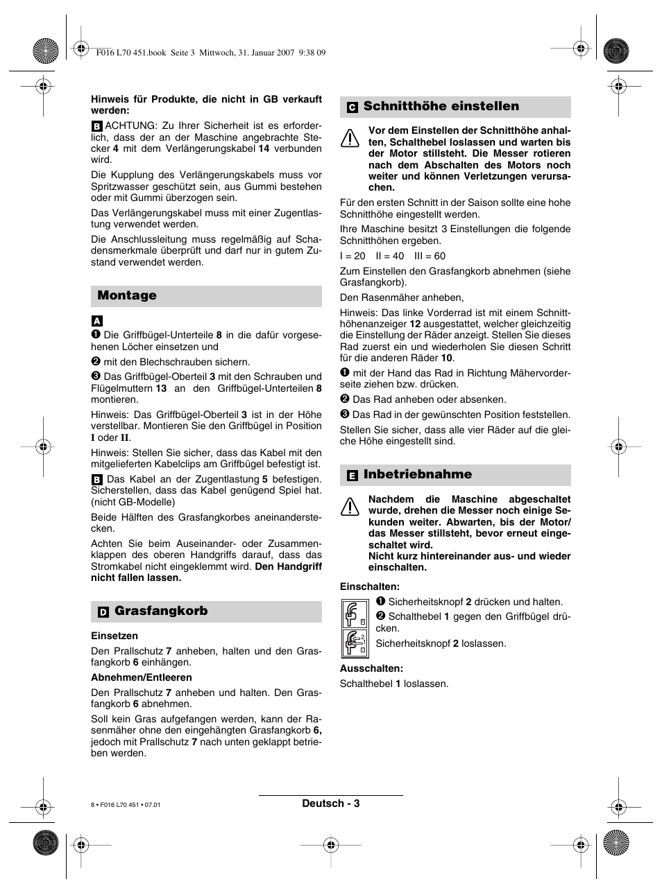 Montage grasfangkorb, Schnitthöhe einstellen inbetriebnahme | Bosch Rotak 320 User Manual | Page 8 / 170