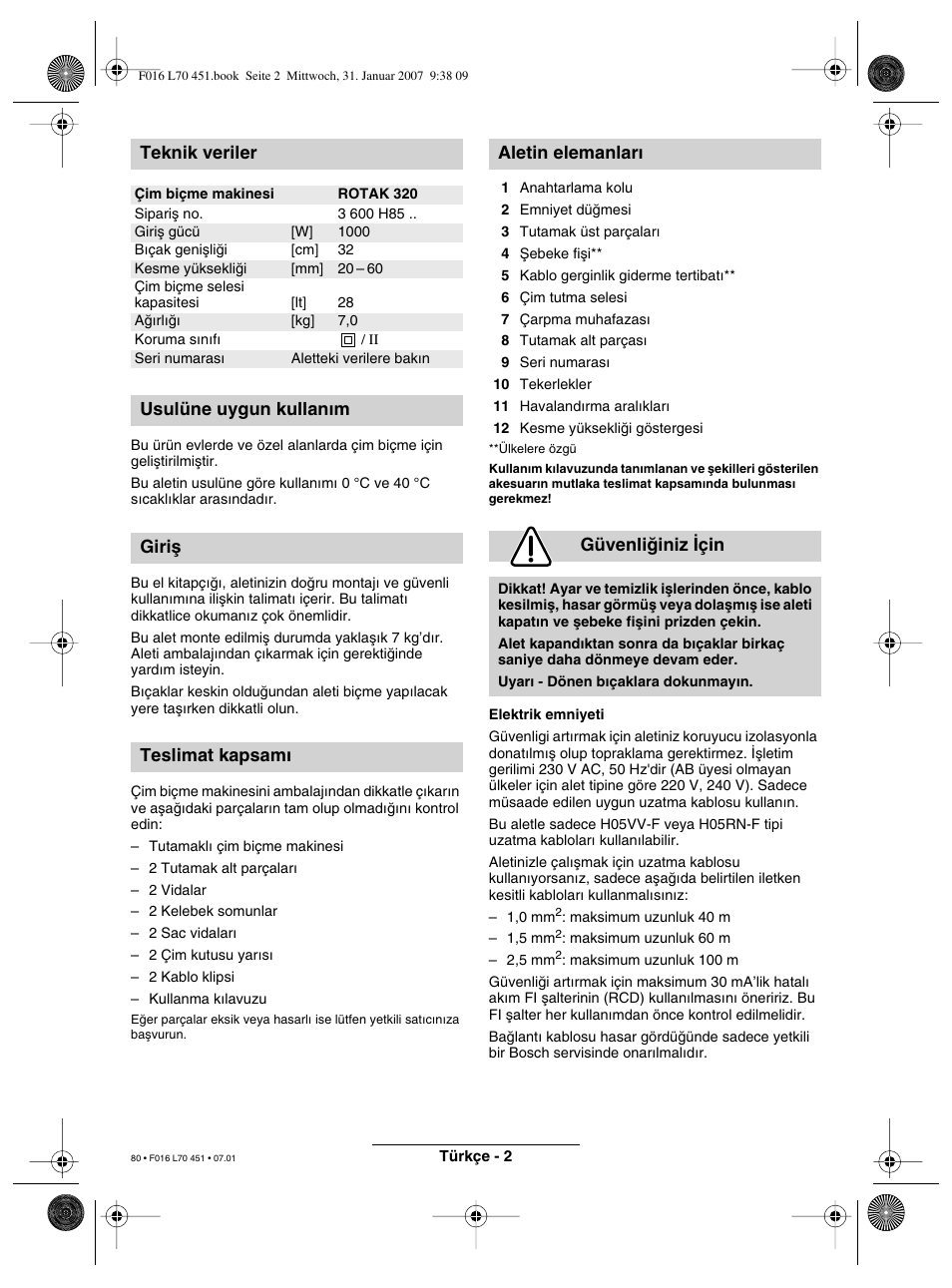 Teknik veriler | Bosch Rotak 320 User Manual | Page 80 / 170