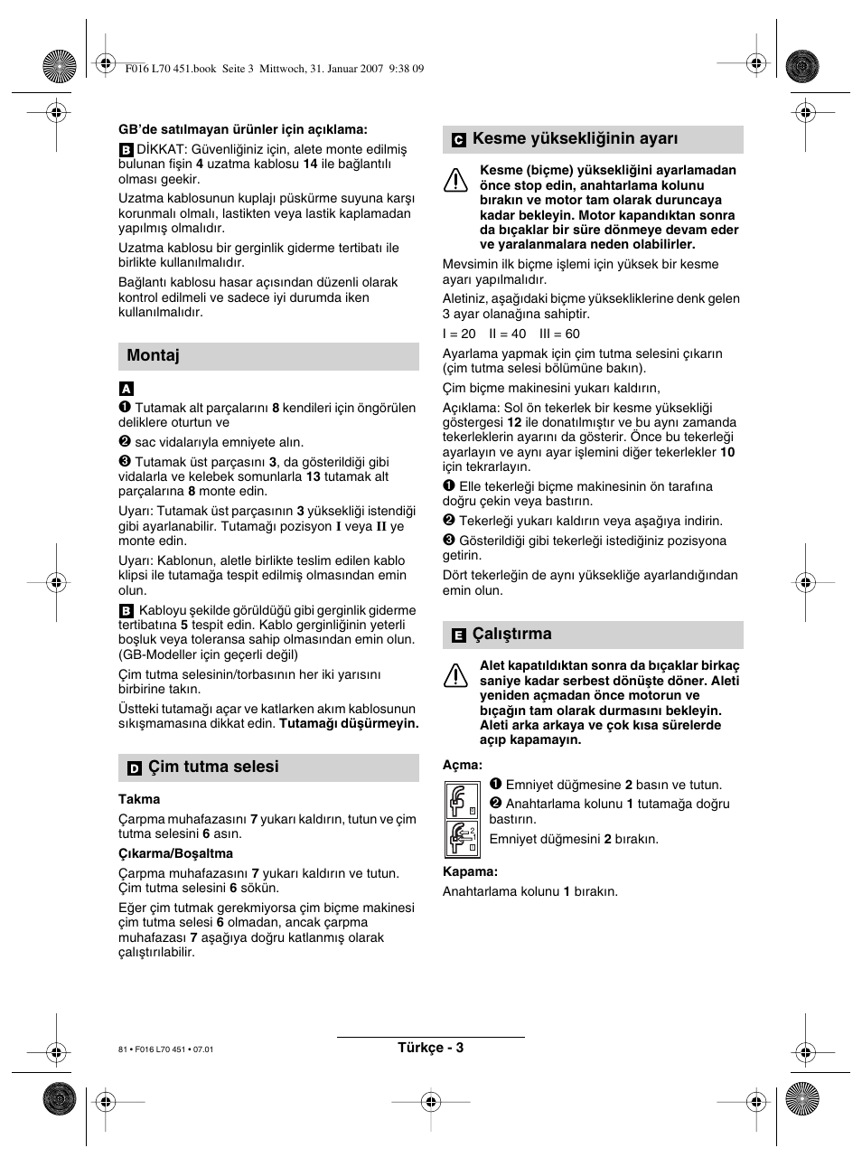 Montaj çim tutma selesi, Kesme yüksekliπinin ayar∂ çal∂µt∂rma | Bosch Rotak 320 User Manual | Page 81 / 170