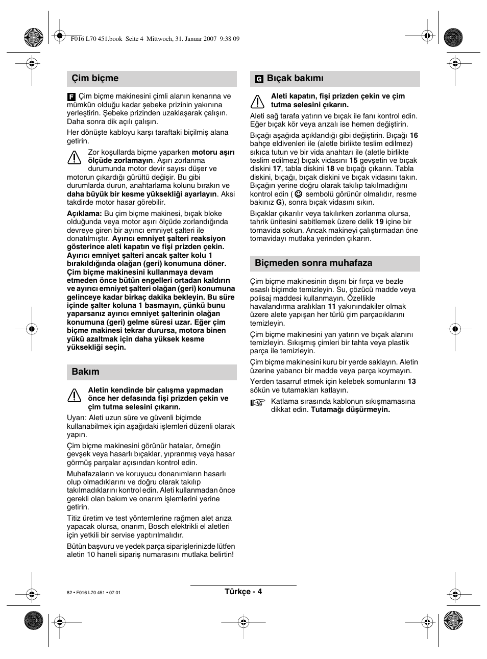 Çim biçme bak∂m, B∂çak bak∂m∂ biçmeden sonra muhafaza | Bosch Rotak 320 User Manual | Page 82 / 170