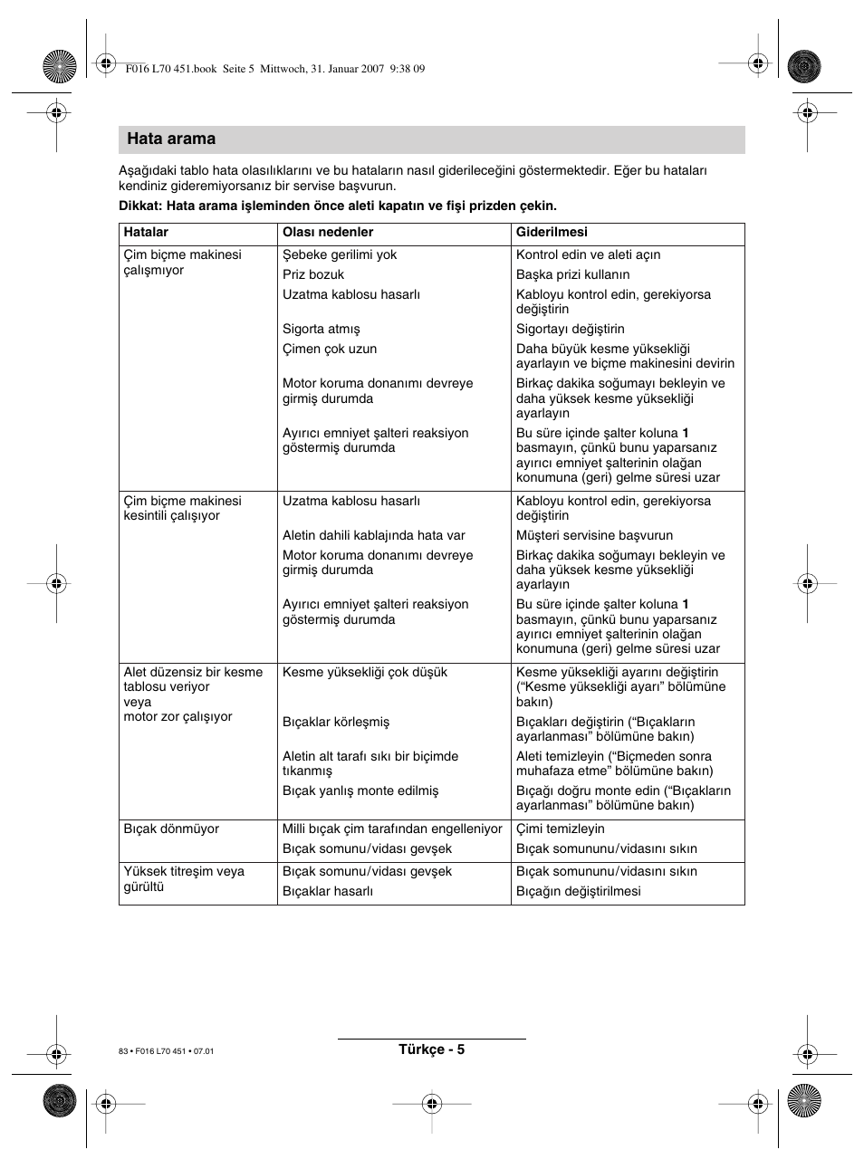 Hata arama | Bosch Rotak 320 User Manual | Page 83 / 170