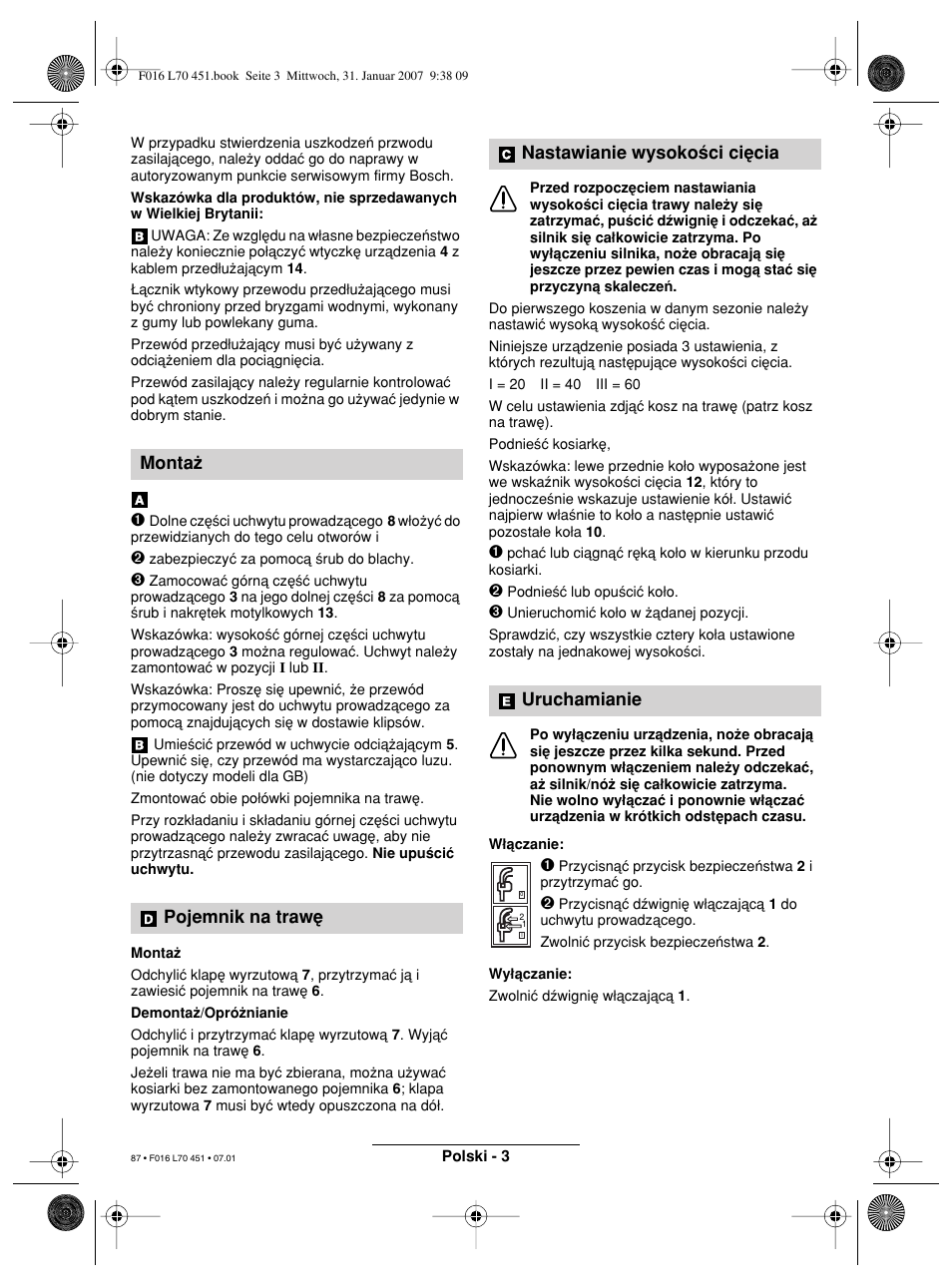 Monta† pojemnik na traw, Nastawianie wysoko∂ci ci∑cia uruchamianie | Bosch Rotak 320 User Manual | Page 87 / 170