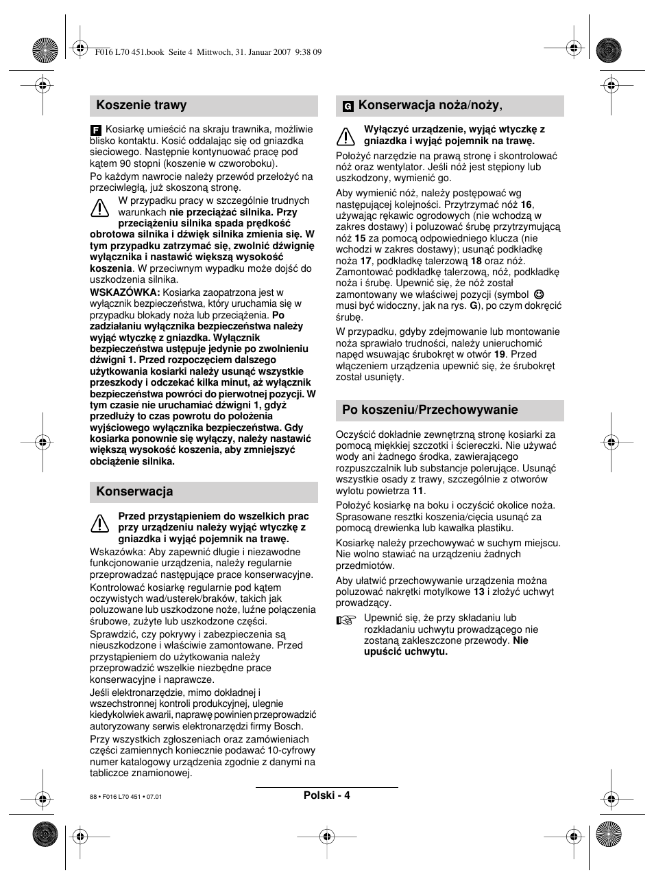 Koszenie trawy konserwacja, Konserwacja no†a/no†y‚ po koszeniu/przechowywanie | Bosch Rotak 320 User Manual | Page 88 / 170