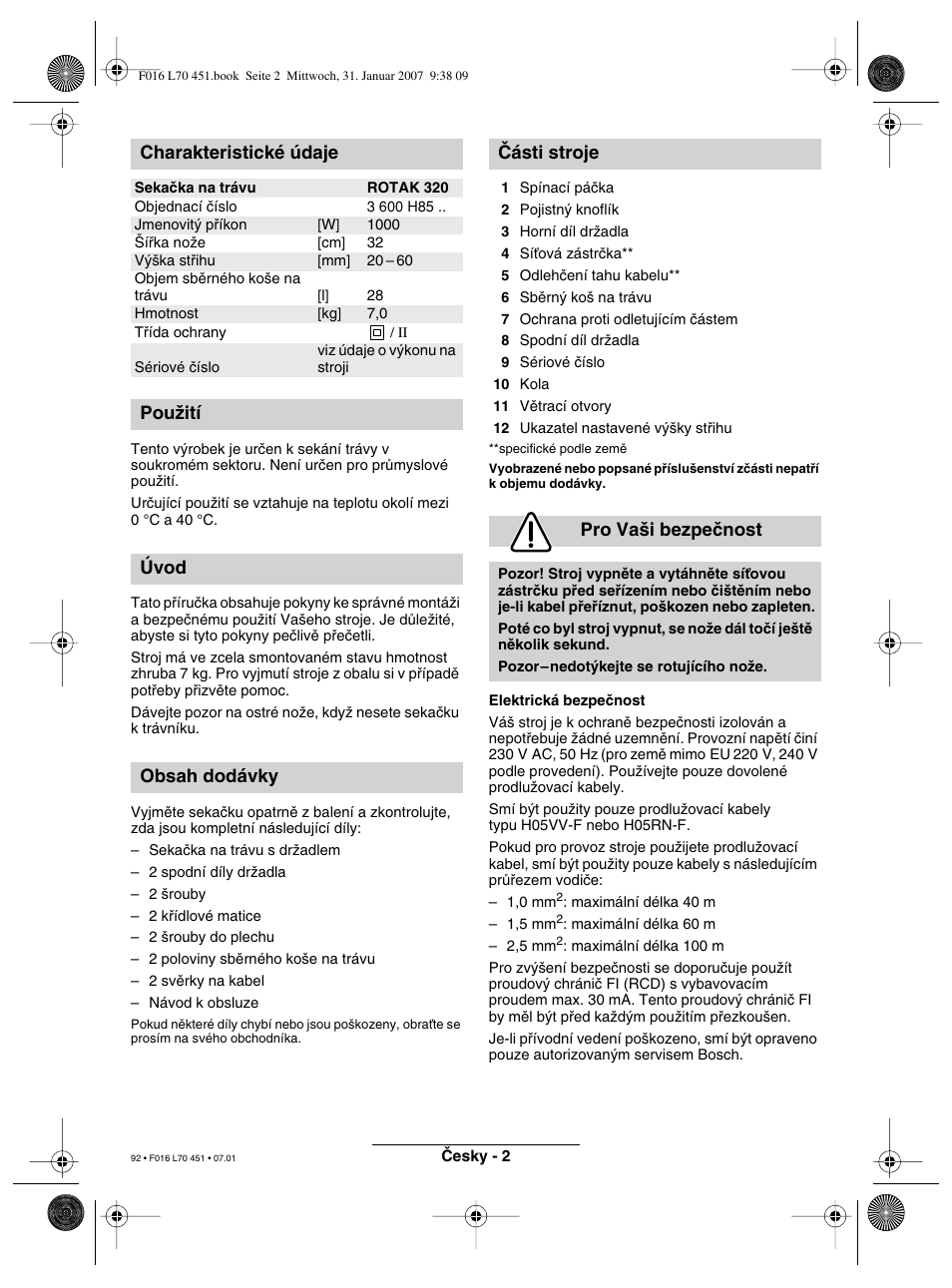 Charakteristické údaje | Bosch Rotak 320 User Manual | Page 92 / 170