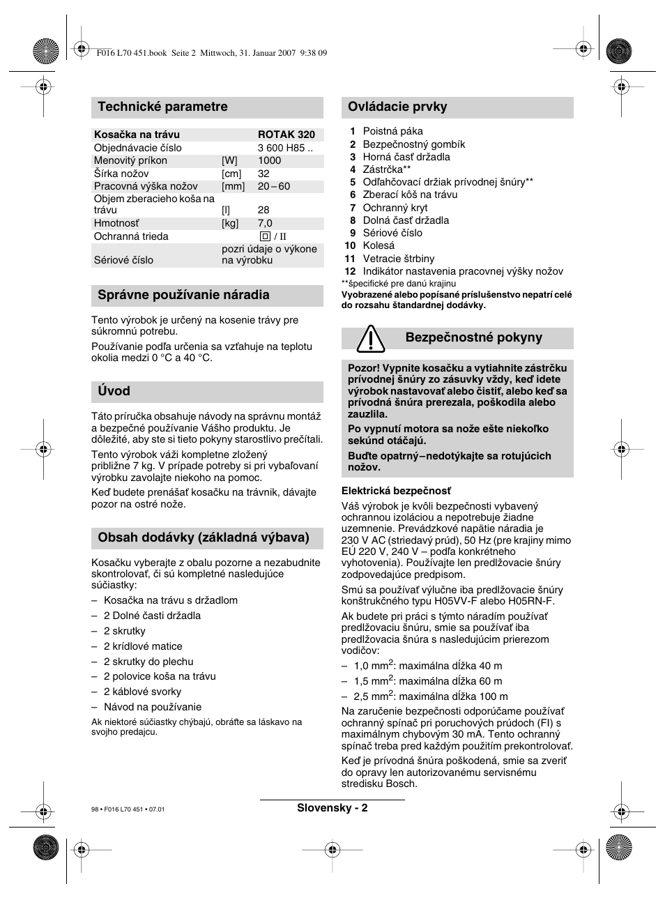 Technické parametre | Bosch Rotak 320 User Manual | Page 98 / 170