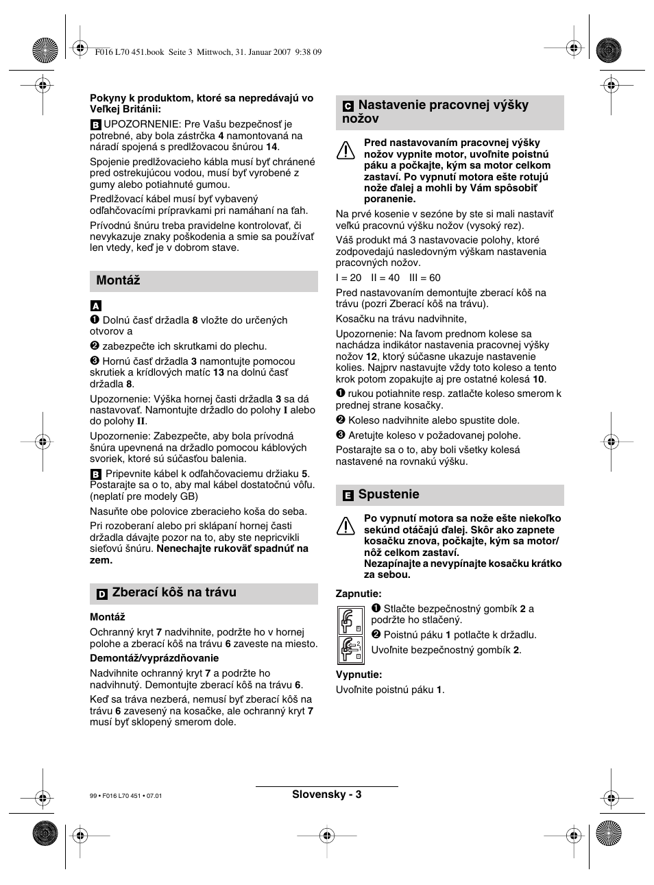 Montáï zberací kô‰ na trávu, Nastavenie pracovnej v˘‰ky noïov spustenie | Bosch Rotak 320 User Manual | Page 99 / 170