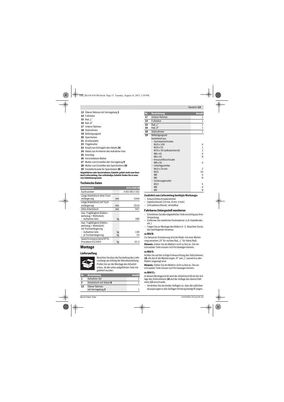 Montage | Bosch GTA 2500 W Professional User Manual | Page 13 / 119