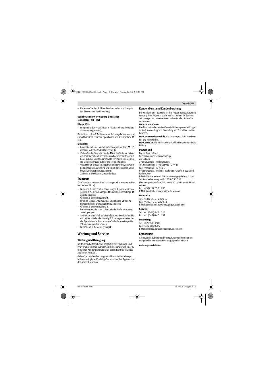 Wartung und service | Bosch GTA 2500 W Professional User Manual | Page 15 / 119