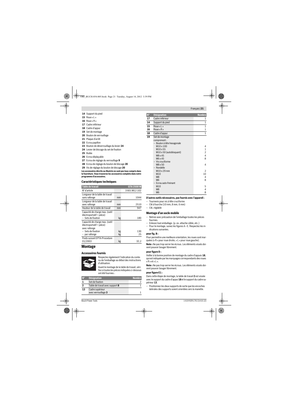 Montage | Bosch GTA 2500 W Professional User Manual | Page 21 / 119