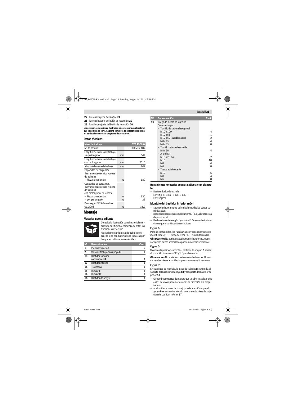 Montaje | Bosch GTA 2500 W Professional User Manual | Page 25 / 119