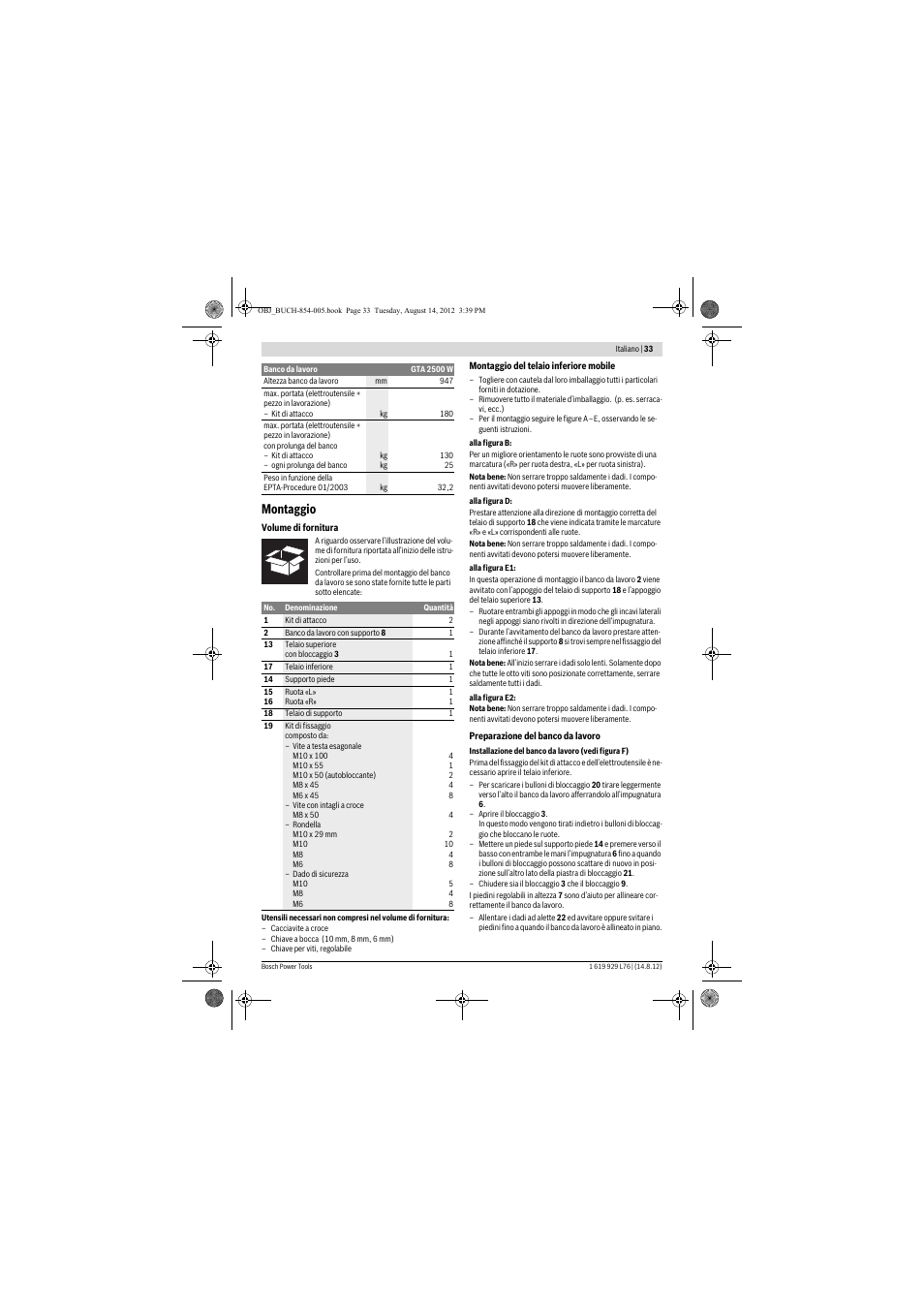 Montaggio | Bosch GTA 2500 W Professional User Manual | Page 33 / 119