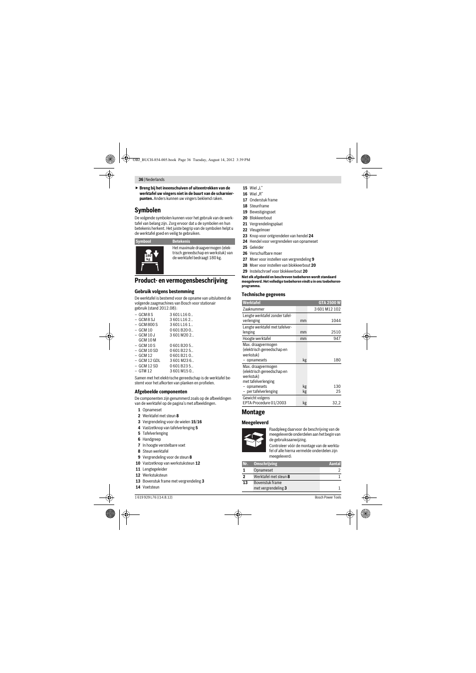 Symbolen, Product- en vermogensbeschrijving, Montage | Bosch GTA 2500 W Professional User Manual | Page 36 / 119