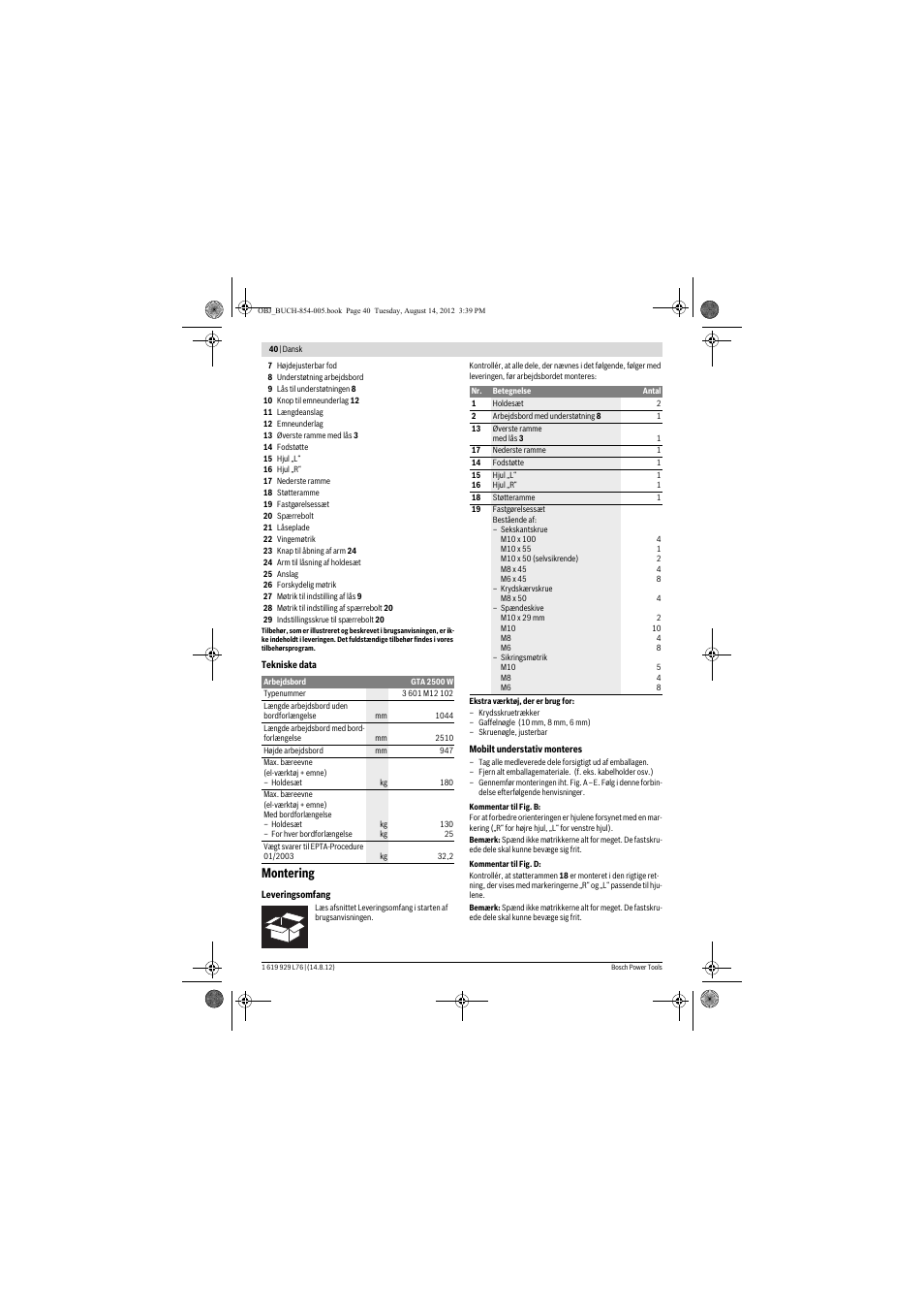 Montering | Bosch GTA 2500 W Professional User Manual | Page 40 / 119