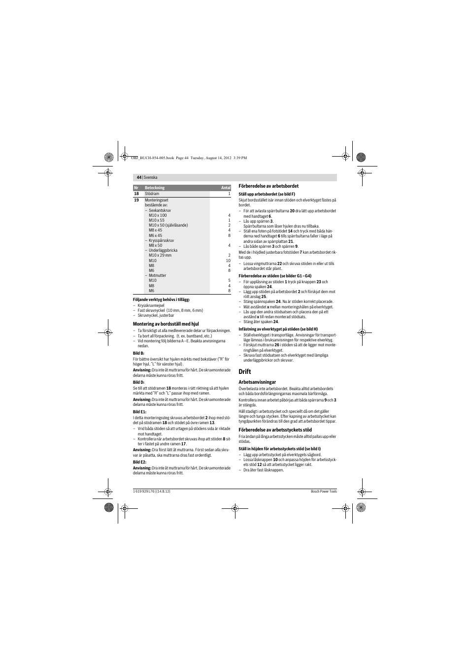 Drift | Bosch GTA 2500 W Professional User Manual | Page 44 / 119