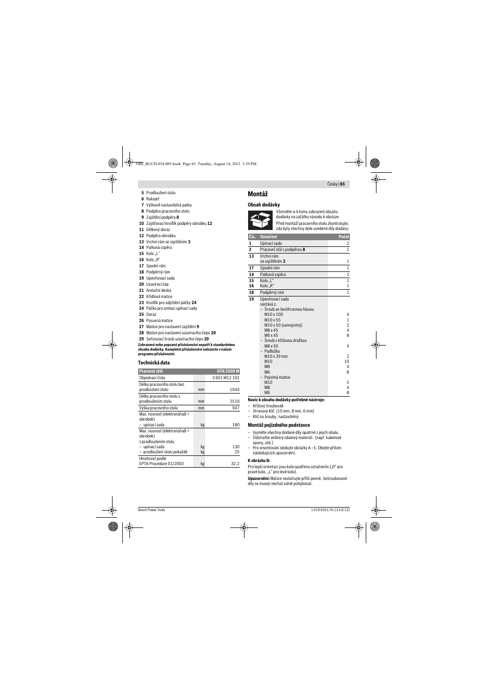 Montáž | Bosch GTA 2500 W Professional User Manual | Page 65 / 119