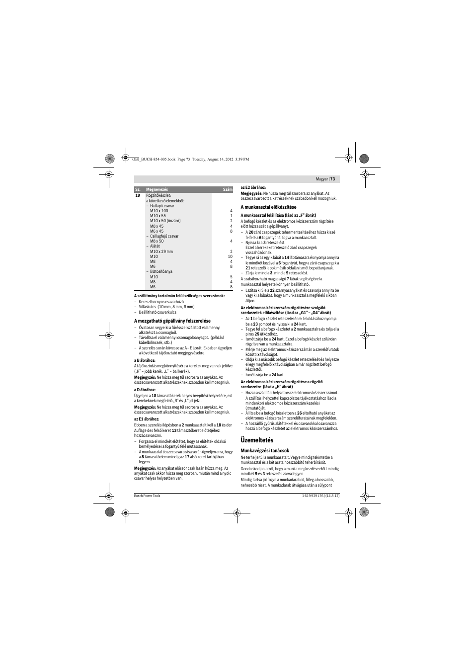 Üzemeltetés | Bosch GTA 2500 W Professional User Manual | Page 73 / 119