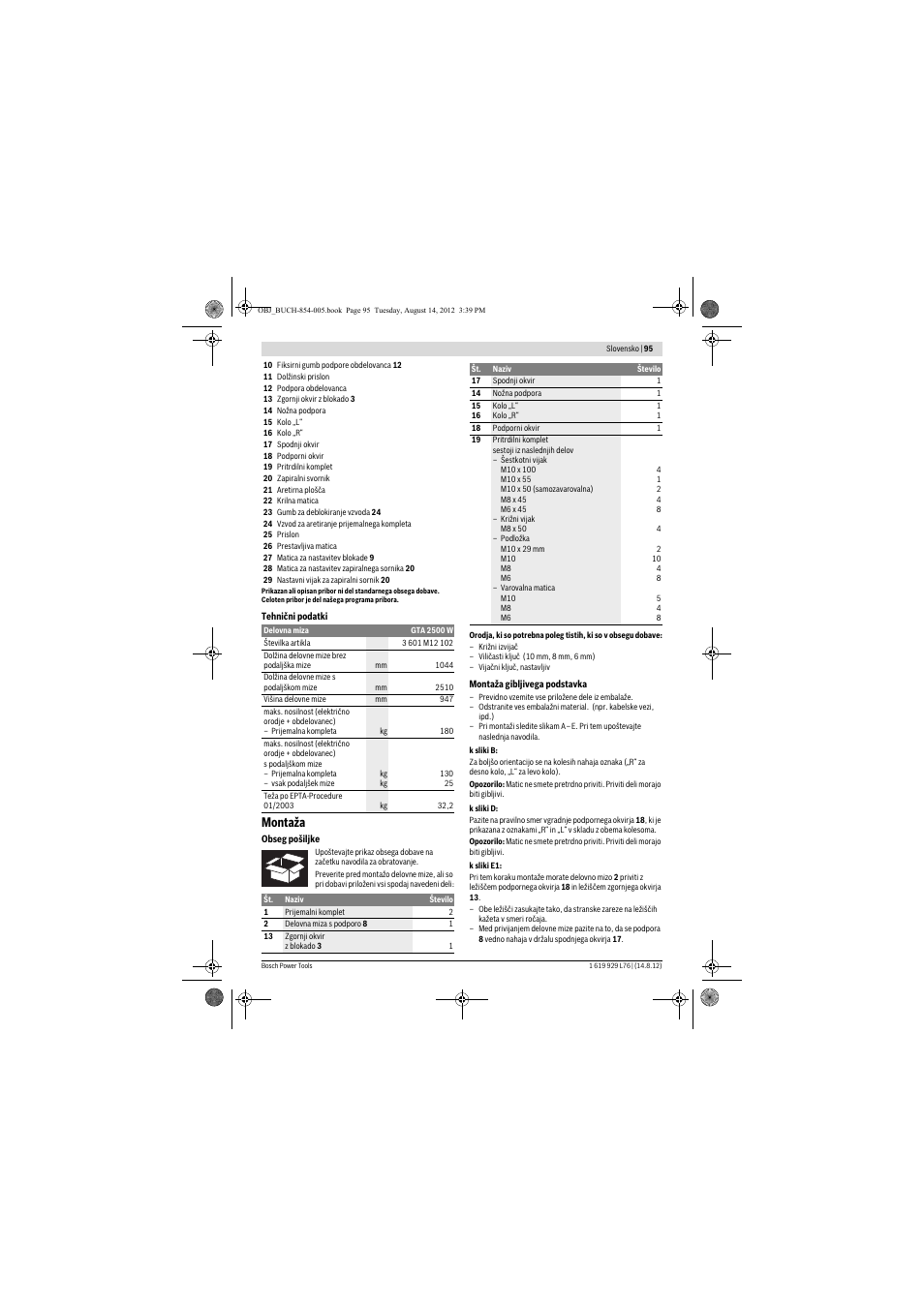 Montaža | Bosch GTA 2500 W Professional User Manual | Page 95 / 119