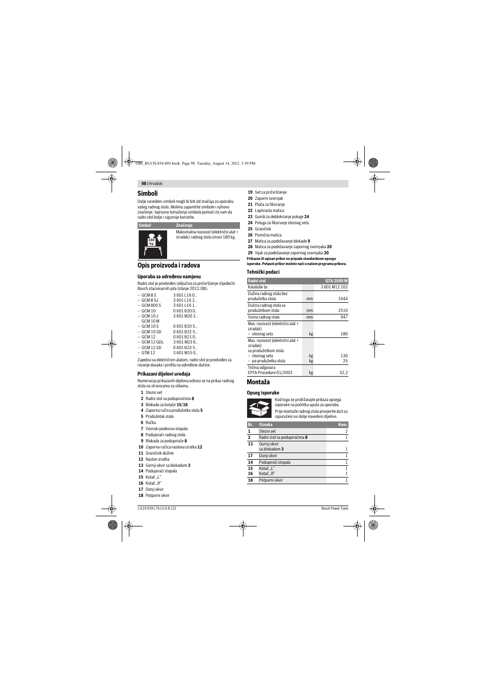 Simboli, Opis proizvoda i radova, Montaža | Bosch GTA 2500 W Professional User Manual | Page 98 / 119