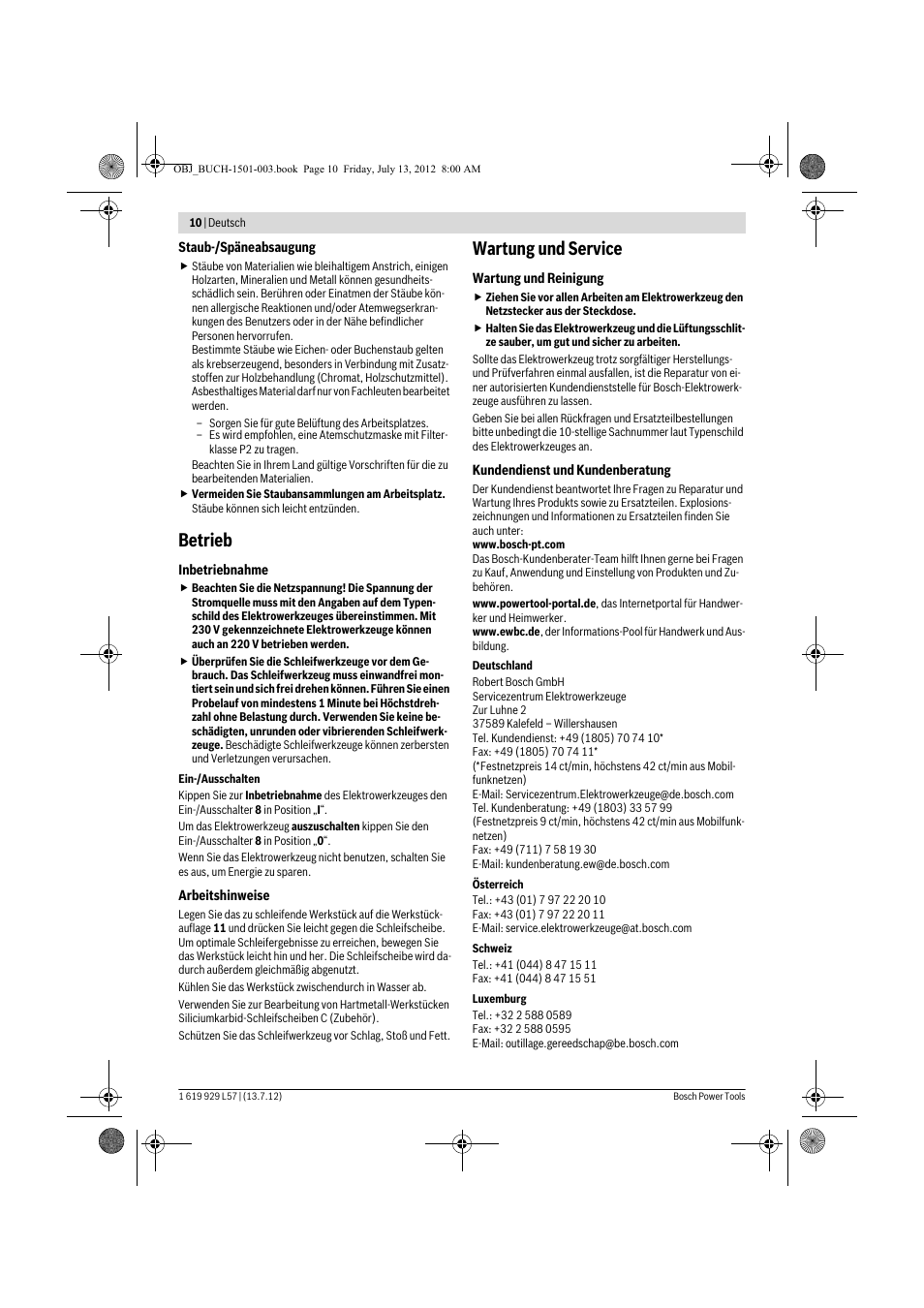 Betrieb, Wartung und service | Bosch GBG 6 Professional User Manual | Page 10 / 150