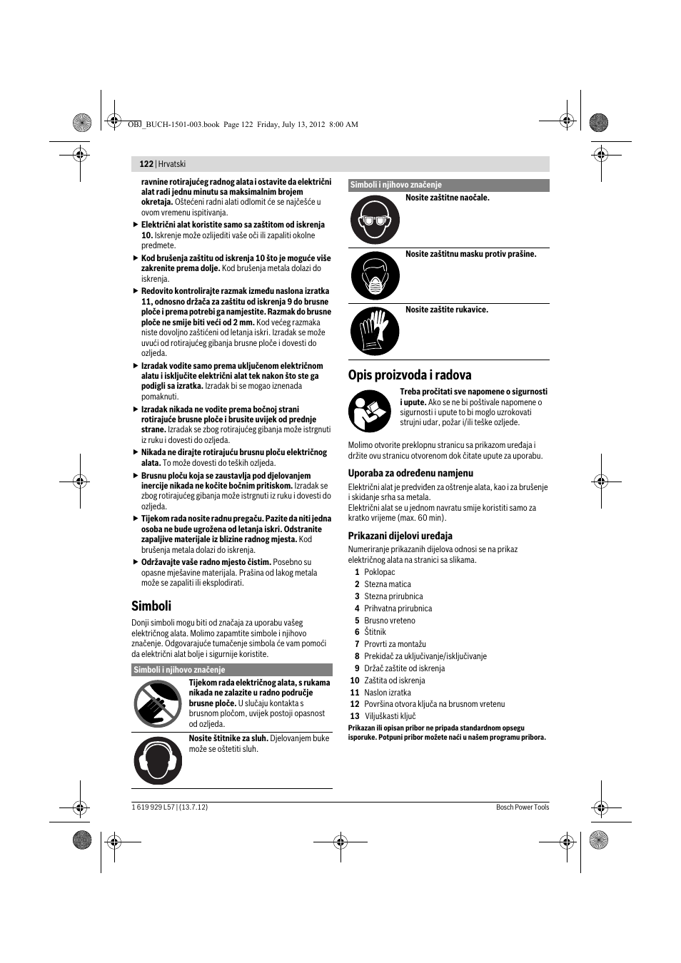 Simboli, Opis proizvoda i radova | Bosch GBG 6 Professional User Manual | Page 122 / 150