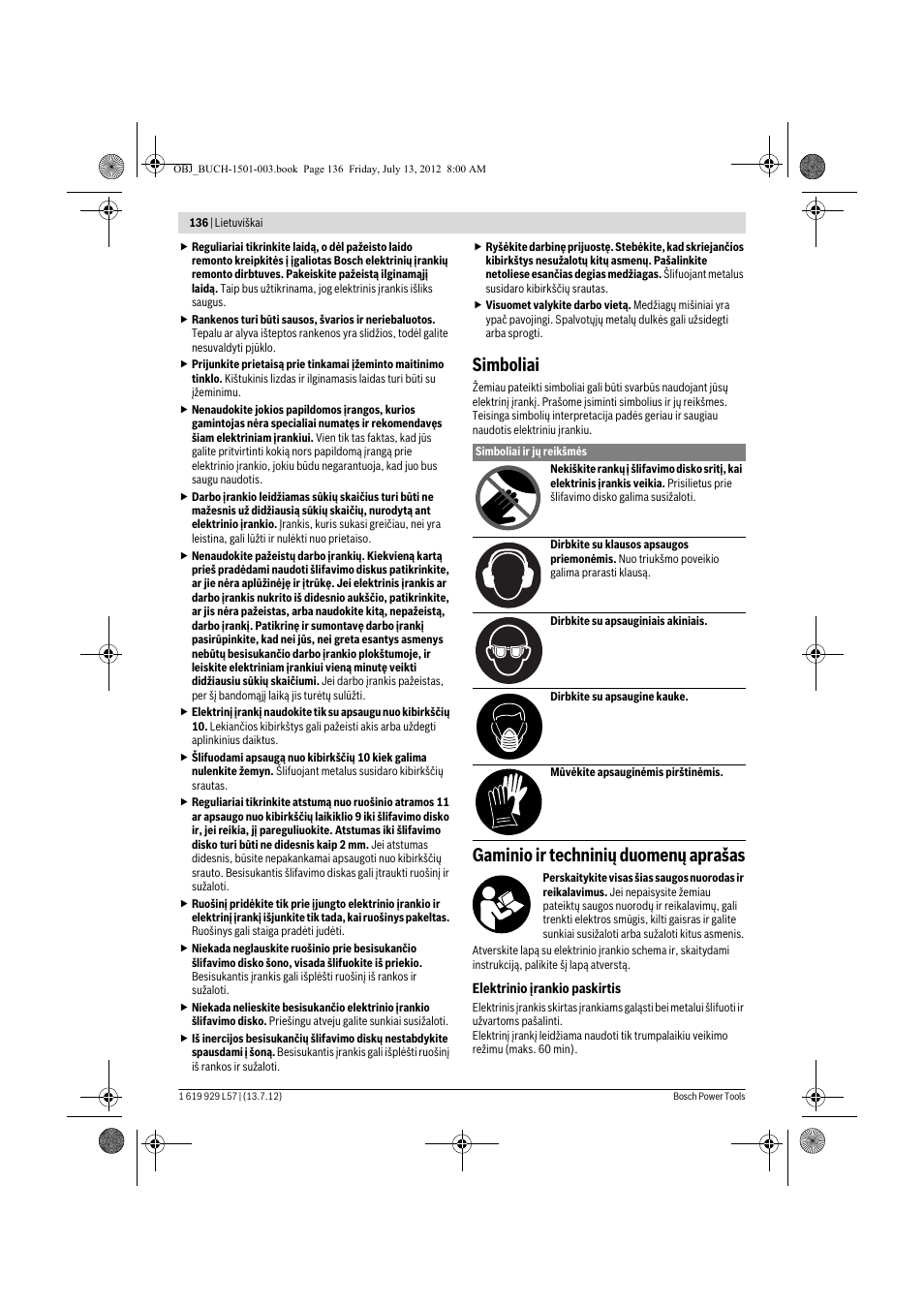 Simboliai, Gaminio ir techninių duomenų aprašas | Bosch GBG 6 Professional User Manual | Page 136 / 150