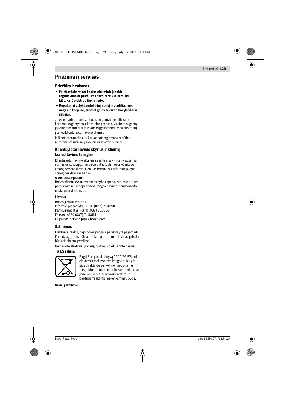 Priežiūra ir servisas | Bosch GBG 6 Professional User Manual | Page 139 / 150