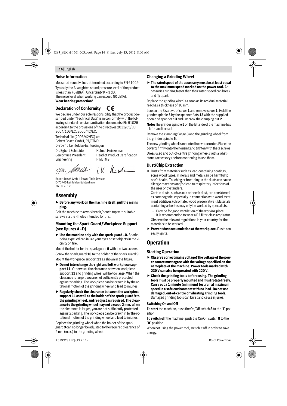 Assembly, Operation | Bosch GBG 6 Professional User Manual | Page 14 / 150